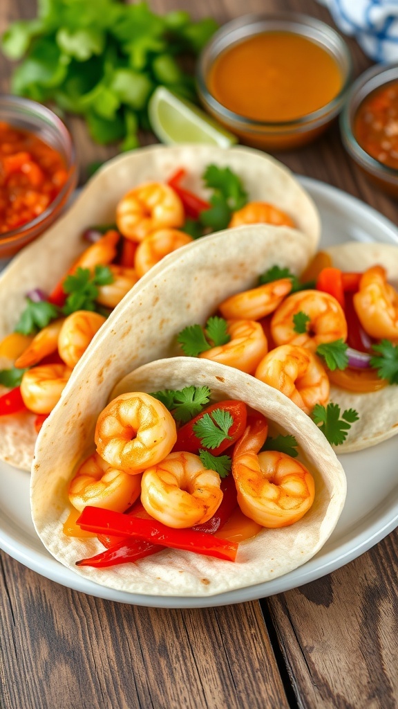 Air Fryer Shrimp Fajitas Recipe A colorful plate of shrimp fajitas with shrimp, bell peppers, and onions in tortillas, garnished with cilantro and served with guacamole and salsa.